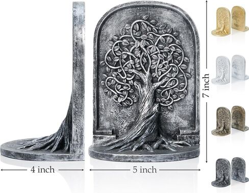Tree of Life Bookends Decor 7 inch Resin Decorative Bookends for Library Office Bookshelf Decor, Non-Skid Anti-Slip Heavy Bookends, Cool Stuff to Put on Shelves, Gold Bookends in Saudi Arabia