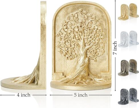 Tree of Life Bookends Decor 7 inch Resin Decorative Bookends for Library Office Bookshelf Decor, Non-Skid Anti-Slip Heavy Bookends, Cool Stuff to Put on Shelves, Gold Bookends in Saudi Arabia