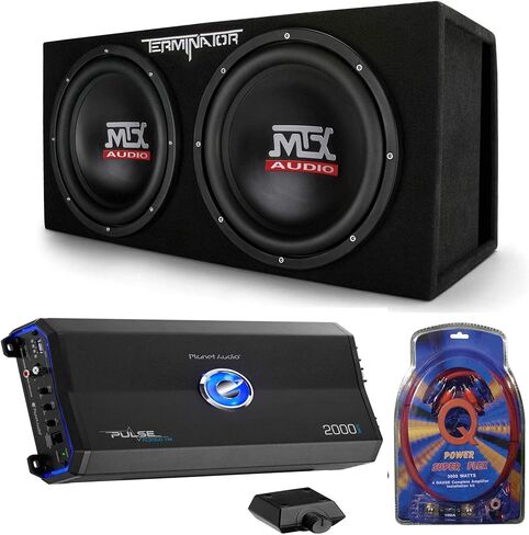 حزمة مضخم صوت MTX TNP212D2 مقاس 12 بوصة 1200 وات 4 أوم مع حاوية فرعية ومضخم صوت A/B أحادي الكتلة بقدرة 2000 وات ومجموعة أسلاك ذات 4 أوم in Kuwait