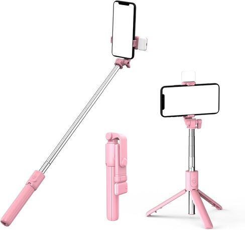 Selfie Stick with Tripod Stand and Wireless Remote, Compatible with Phones, Live Streaming and Photography (Pink+LED Light) in Saudi Arabia