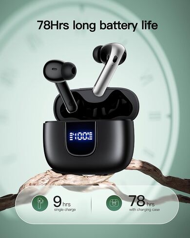 سماعات أذن لاسلكية، سماعات أذن بلوتوث تدوم 78 ساعة مع حافظة شحن لاسلكية، شاشة LED داخل الأذن مع ميكروفون IP7 مقاومة للماء لهواتف Android iOS والكمبيوتر المحمول الرياضية، أسود in Kuwait