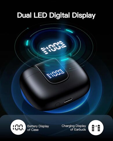 سماعات أذن لاسلكية، سماعات أذن بلوتوث تدوم 78 ساعة مع حافظة شحن لاسلكية، شاشة LED داخل الأذن مع ميكروفون IP7 مقاومة للماء لهواتف Android iOS والكمبيوتر المحمول الرياضية، أسود in Kuwait