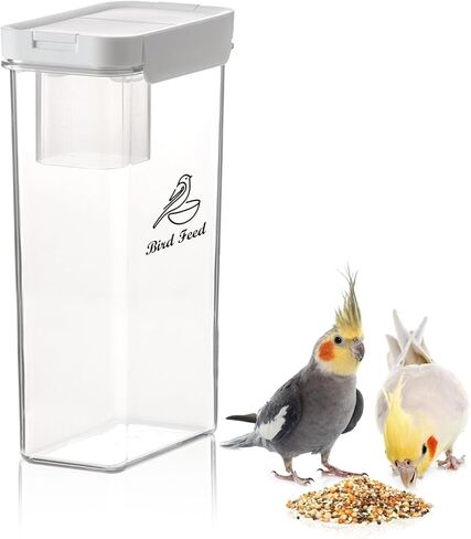 حاوية تخزين بذور الطيور، حاوية بذور الطيور محكمة الغلق سعة 2.3 لتر/80 أونصة مع كوب قياس مدمج، حاويات طعام الطيور بوزن 3 رطل مع فوهة صب مزدوجة، وموزع طعام للحيوانات الأليفة والكلاب والقطط in Kuwait