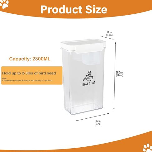 حاوية تخزين بذور الطيور، حاوية بذور الطيور محكمة الغلق سعة 2.3 لتر/80 أونصة مع كوب قياس مدمج، حاويات طعام الطيور بوزن 3 رطل مع فوهة صب مزدوجة، وموزع طعام للحيوانات الأليفة والكلاب والقطط in Kuwait