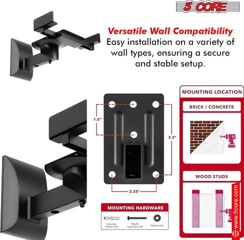 5 CORE Speaker Wall Mount Pair Universal Dual Side Clamping 180°Adjustment Heavy Duty Bookshelf Mounting Bracket for Large or Small Speakers 55 Lbs Capacity - WST 04-11 Pair in Saudi Arabia