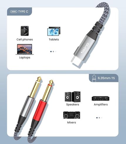 كابل صوت tisino USB C إلى 1/4 بوصة، كابل USB C إلى Dual TS Mono، 6.35 مم TS إلى كابل صوت C Y-Splitter للهواتف الذكية والكمبيوتر اللوحي ووصلة الكمبيوتر المحمول إلى مكبر الصوت ووحدة التحكم في المزج ومكبر الصوت - 3.3 قدم in Kuwait