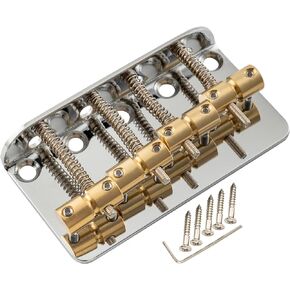 Musiclily Pro 19mm Classic Standard Hardtail Fixed 4-String Bass Bridge Top-loading with Brass Saddles Steel Plate for Jazz Bass Precision Bass PB JB Style Eelectric Bass, Chrome