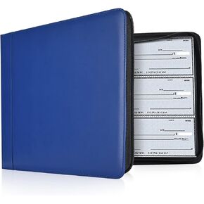 Business Check 7 Ring Checkbook Binder, PU Leather Portfolio, Built in Storage Organizer [Blue]