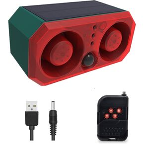 HULPPRE Solar Outdoor Motion Sensor Alarm-13 Sounds Including Dog Barking&Gunshot,2*130db Loud Noise Maker,+/-Volume,4 Modes,Support Recording,Strobe Light with USB,Say Goodbye to The Intruders