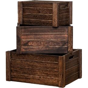 Rigalit Large Vintage Black Wooden Crates For Storage,Set Of 3 Antique Decorative Wood Crate For Storage,Nesting Handmade Solid Wood Vintage Black Wood Storage Boxes.Storage Crates For Organizing.