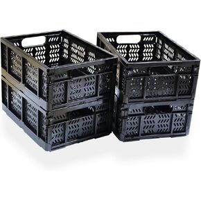 4-Pack Plastic Storage Crates,20L Foldable Plastic Baskets,Collapsible Crates for Storage,Plastice Storage Baskets and Bins for Toys, Home Storage, Office Products, Christmas Gifts (Black)