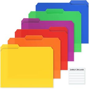 Dunwell Plastic Colored File Folders (6 Pack), 1/3 Tab Filing Folders for 8.5x11 Letter Size Documents, Assorted Colors, Acid-Free Poly, Includes Labels