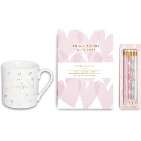 KATIE LOXTON Beautiful 11 ounce Coffee Mug, Duo Notebooks & Pencils 7-Piece Boxed Set, Blush Pink
