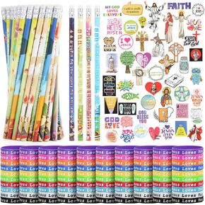 Kolewo4ever 400pcs Christian Party Favors Include 200 Christian Stickers, 100 Silicone Wristbands, 190 Bible Verse pencil Bulk for Religious Gift Christian Gathering Party Supplies