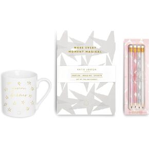 KATIE LOXTON Beautiful 11 ounce Porcelain Coffee Mug, Notebooks & Pencils 7-Piece Boxed Set, Pale Grey