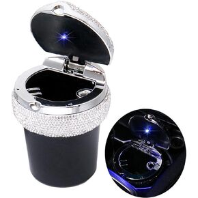 Bling Car Ashtray, Bling Portable Cigarette Smokeless Cylinder Cup Holder with Blue LED Light Indicator, Car Accessories for Women,Ideal for Car,Home and Office, Black.