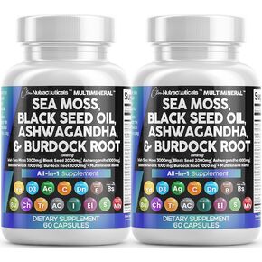 Clean Nutraceuticals Sea Moss 3000mg Black Seed Oil 2000mg Ashwagandha 1000mg Turmeric 1000mg Bladderwrack 1000mg Burdock & Vitamin C D3 with Elderberry Manuka D, Iodine Chlorophyll ACV - 2Pack