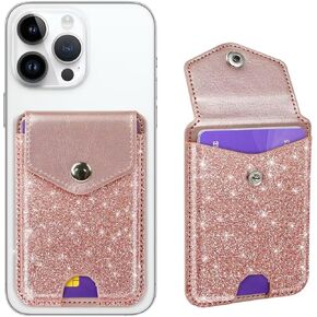 Yiyahu Self Adhesive Card Holders for Back of Phone, Cute Leather RFID Phone Wallet Pockets with Snap, Slim Card Holders Sleeve for Phone Case, Glitter Rose Gold