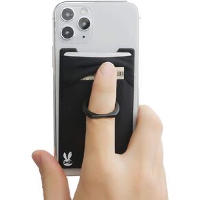 New 5-in-1 Cell Phone Wallet-Stick On Spandex Ring Card Holder Sleeve Back-Double-Pocket+Magnetic+Finger Grip Strap Loop+Kickstand+RFID Block,Most of Smartphones