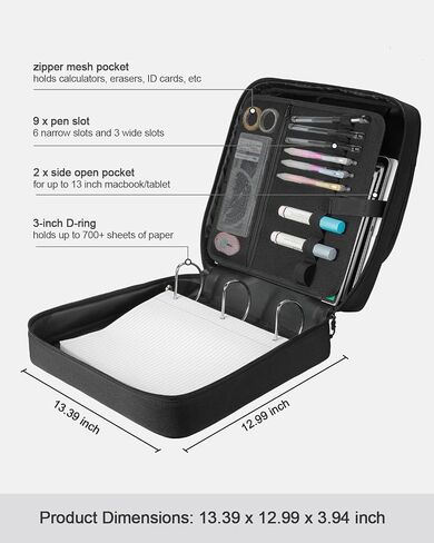 3-Inch 3-Ring Zipper Binder with Shoulder Strap, D-Ring Zip Up Binder with 700 Sheets Capacity, Compatible with 13" MacBook, Zippered Binder Bag for Middle School (Patent Design, Black) in Saudi Arabia