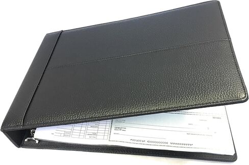 مجلد فحص تنفيذي، مظهر وملمس جلد مبطن باللون الأسود، 7 حلقات مع حافظة دفتر شيكات بسحاب، لأوراق مقاس 9 × 13 بوصة، سعة 200 ورقة 3 لكل صفحة لـ 600 شيك in Kuwait