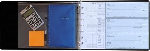 مجلد فحص تنفيذي، مظهر وملمس جلد مبطن باللون الأسود، 7 حلقات مع حافظة دفتر شيكات بسحاب، لأوراق مقاس 9 × 13 بوصة، سعة 200 ورقة 3 لكل صفحة لـ 600 شيك in Kuwait