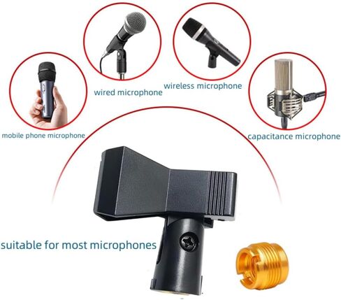 2 حزمة مشبك ميكروفون عالمي، حامل مشبك ميكروفون قابل للتعديل مع محول برغي أنثى 5/8 بوصة ذكر إلى 3/8 بوصة مناسب للميكروفونات السلكية المحمولة اللاسلكية القطر الخارجي 15 مم - 50 مم in Kuwait