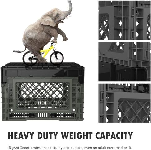 Bigant Heavy Duty Collapsible & Stackable Plastic Milk Crate - Snap Lock Foldable Industrial Garage Storage Bin Container Utility Tote Basket (Charcoal Gray, 1 Small Crate) in Kuwait
