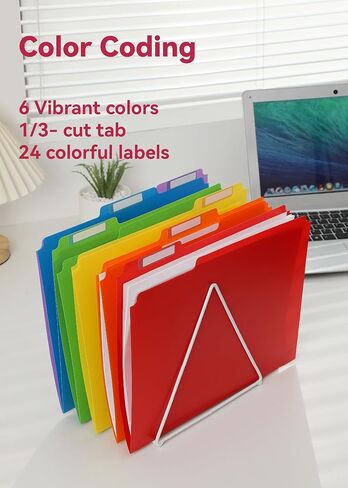 Plastic File Folders, 12 Pack, Colored Manila Folders 8.5'' x 11'', 1/3-Cut Tab with 24 Colorful Labels, Letter Size in Kuwait