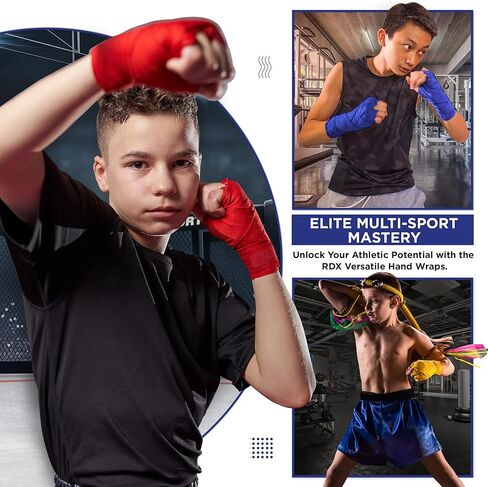 قفازات ملاكمة RDX للأطفال بطول 2.5 متر، ضمادات مطاطية بحلقة الإبهام، أشرطة دعم المعصم لحماية قبضة اليد للصغار، الملاكمة التايلاندية MMA كيك بوكسينغ فنون الدفاع عن النفس، حقيبة اللكم السريعة in Kuwait