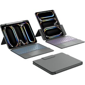 CHESONA Rugged for iPad Pro 13 (M4) 2024 Case with Keyboard, Magnetic Detachable Case & 7-Color Backlit, Smart Trackpad, 15°-180° Adjustable Stand, Portrait/Landscape, Gray