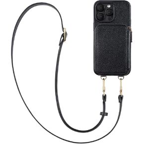 Crossbody Zipper Wallet Phone Case for iPhone 14 Pro, Premium Vegan Leather RFID Blocking Card Slot Holder Case with Removable Crossbody/Wrist Strap-Black