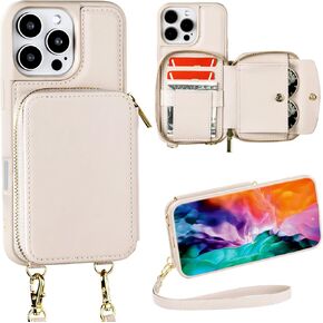for iPhone 16 Pro Max Wallet Case with Credit Card Holder, Zipper Leather Crossbody Case with Wrist Strap Lanyard for Women Compatible with iPhone 16 Pro Max 6.9" 2024 - Beige