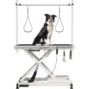 Heavy Duty Electric Lifting Pet Dog Grooming Table for Large Dogs with Overhead Arm, Anti-Skid Rubber Desktop and Powerful Motor, 50'' / White