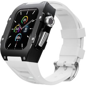 For Apple Watch Case 44mm/45mm Space aluminum watch case,Men Rugged Case and Fluorine Rubber Wristband Compatible Apple Series iWatch 8 7 6 5 4 SE, fashion set (white strap)
