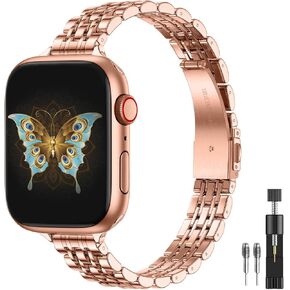 Thin Stainless Steel Band Compatible with Apple Watch Bands for Women,Slim Dressy Adjustable & Comfortable Replacement 44mm 45mm 42mm 49mm for iWatch Ultra Series 10(46mm) 9 8 7 6 5 4 3 2 1 SE