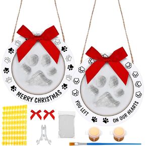 2 Set Pet Memorial Keepsake Ornament Kits Christmas Dog Paw Print Ornament with DIY Tools Display Stands for Puppy Cats Clay Footprint Memorial Ornament Non Toxic