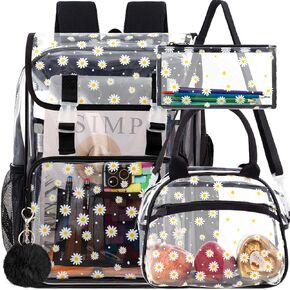 3PCS Clear Backpack, Heavy Duty See Through PVC School Bookbag with Lunch Box, Large Stadium Approved Transparent Backpacks for Girls Women (Black Sequins)