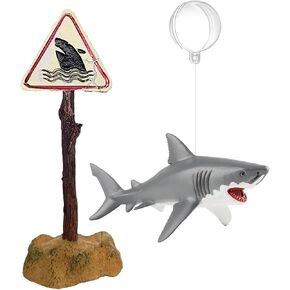 Aquarium Shark Décor Set - Floating Great White Shark with Shark Warning Sign for Fish Tanks - Decorative Accessories for Aquariums (Shark Sighted)