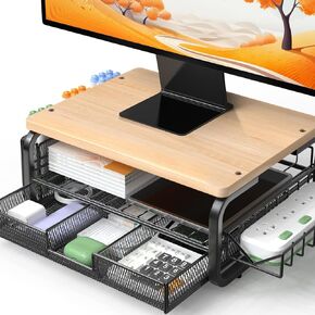 High Grade Large Capacity Wood Monitor Stand Riser, Monitor Stand for Desk with Plug Holder and Pen Holder, Monitor Riser Computer Desk Organizer with Drawer for PC Laptop iMac Office Supplies