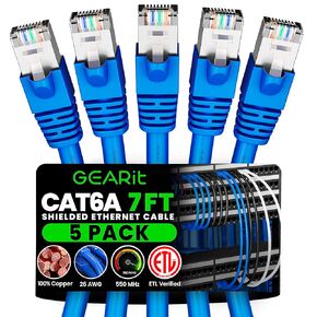 GearIT Cat6A Ethernet Cable (7 ft, 5-Pack, Blue) 10Gbps Snagless Shielded SSTP, SFTP Shielded Ethernet Cable, 26AWG 4 Pair Solid Bare Copper Cat6 Cable, Cat 6 Shielded Network Cable - 7 feet