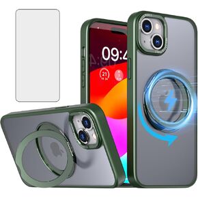 for Phone Case iPhone 15 6.1 inch with Tempered Glass Screen Heavy Duty Protector Cover 360°Rotatable Ring Stand Slim Protective Military iPhone15 5G i i-Phone i15 15Case Girls Women Men Blue