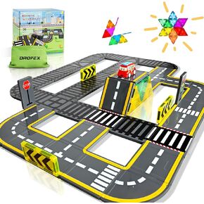 60pcs Magnetic Tiles Road Set with 2 Magnetic Crane, Creative Construction Toys for Kids Ages 3-12, Boys & Girls, Dentist and Engineering Themed Magnetic Building Blocks