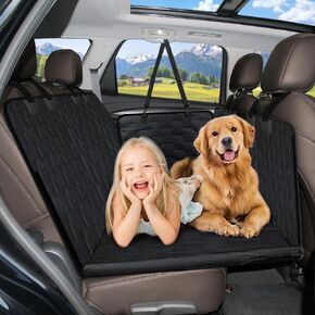 COOLBEBE Back Seat Extender for Dogs, Hard Bottom Dog Car Seat Cover for Back Seat with Mesh Window, Waterproof Nonslip Scratch Proof Extended Dog Hammock for Trucks and SUVs (Grey)