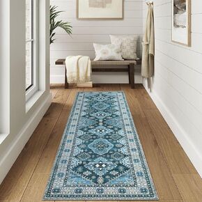 Washable Rugs 9x12 Rug for Living Room Vintage Bedroom Rug Distressed Blue Rug Large Area Rug Non Slip Throw Rugs Chenille Low Pile Stain Resistant Carpet for Dining Room 9'x12' Blue