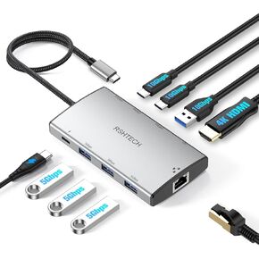 RSHTECH 9-in-1 USB C Hub Multiport Adapter with 4K HDMI, 10Gbps USB-A & 2 USB-C Ports, 3 USB-A 5Gbps Data Ports, 100W PD, Gigabit Ethernet, Aluminum USB C Dongle for MacBook, Laptops and More