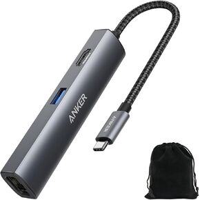 محول Anker USB C Hub، محول USB C 5 في 1 مع 4K USB C إلى HDMI، منفذ إيثرنت، 3 منافذ USB 3.0، لجهاز MacBook Pro، iPad Pro، XPS، Pixelbook، يتضمن حقيبة سفر in Kuwait