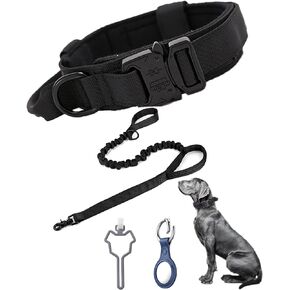 Tactical Dog Collar with Bungee Dog Leash Adjustable Dog Collar with Control Handle and Heavy Metal Buckle Military Nylon K9 Collar for Medium and Large Dogs (M, Brown Set(Collar+Leash))