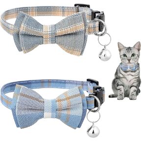 2 PCS Bow Tie Cat Collar with Bells Cat Collar Breakaway Cute Bowtie Plaid Cat Collar with Cat Buckle Soft Adjustable Kitten Accessories for Indoor Cats Puppy and Small Pets Blue and White Plaid
