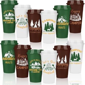 Tioncy 12 Pcs Reusable Camping Gifts Camping Mugs Set 16oz Camping Coffee Mug Camping Themed Coffee Cups Plastic Travel Mug Happy Camper Camping Lover Holiday Gifts for Drinking Outdoor